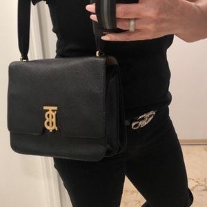 Burberry Medium Black Leather TB Bag with front gold clasp closure🖤
